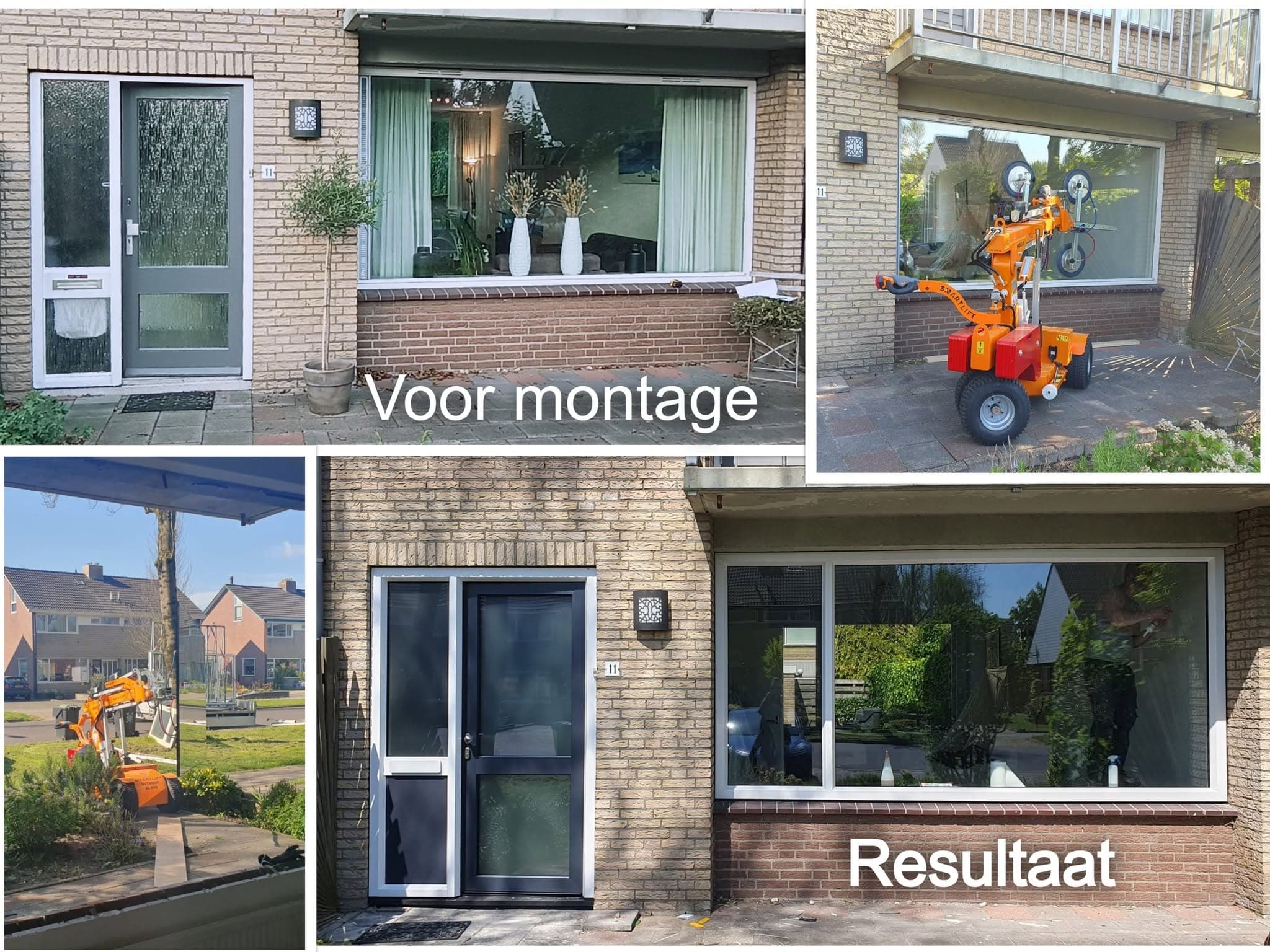Montage van een nieuw kozijn met de glasrobot, voor en na